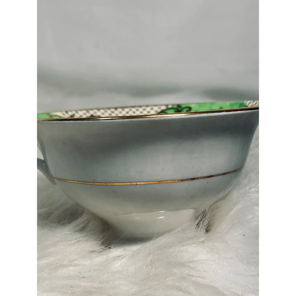 Regent Bone China Fenton England Teacup Saucer Green Gold Floral 4865 Vintage‎